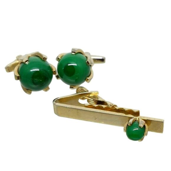 Retro Green Glass Ball Cufflinks Tie Bar Clasp Sarah Coventry Gold Tone Clip - Picture 1 of 9